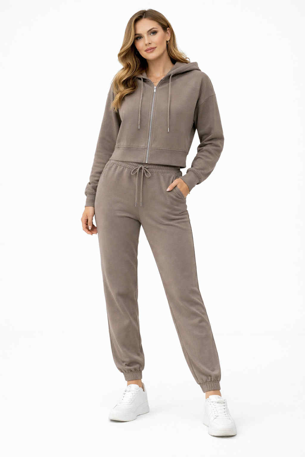 Дамски спортен екип с цип и качулка Мона светло кафяв