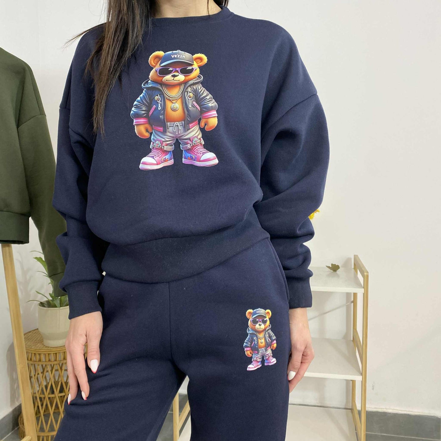 Ватиран комплект ТЕДИ от две части с принт мече Тъмно синьо