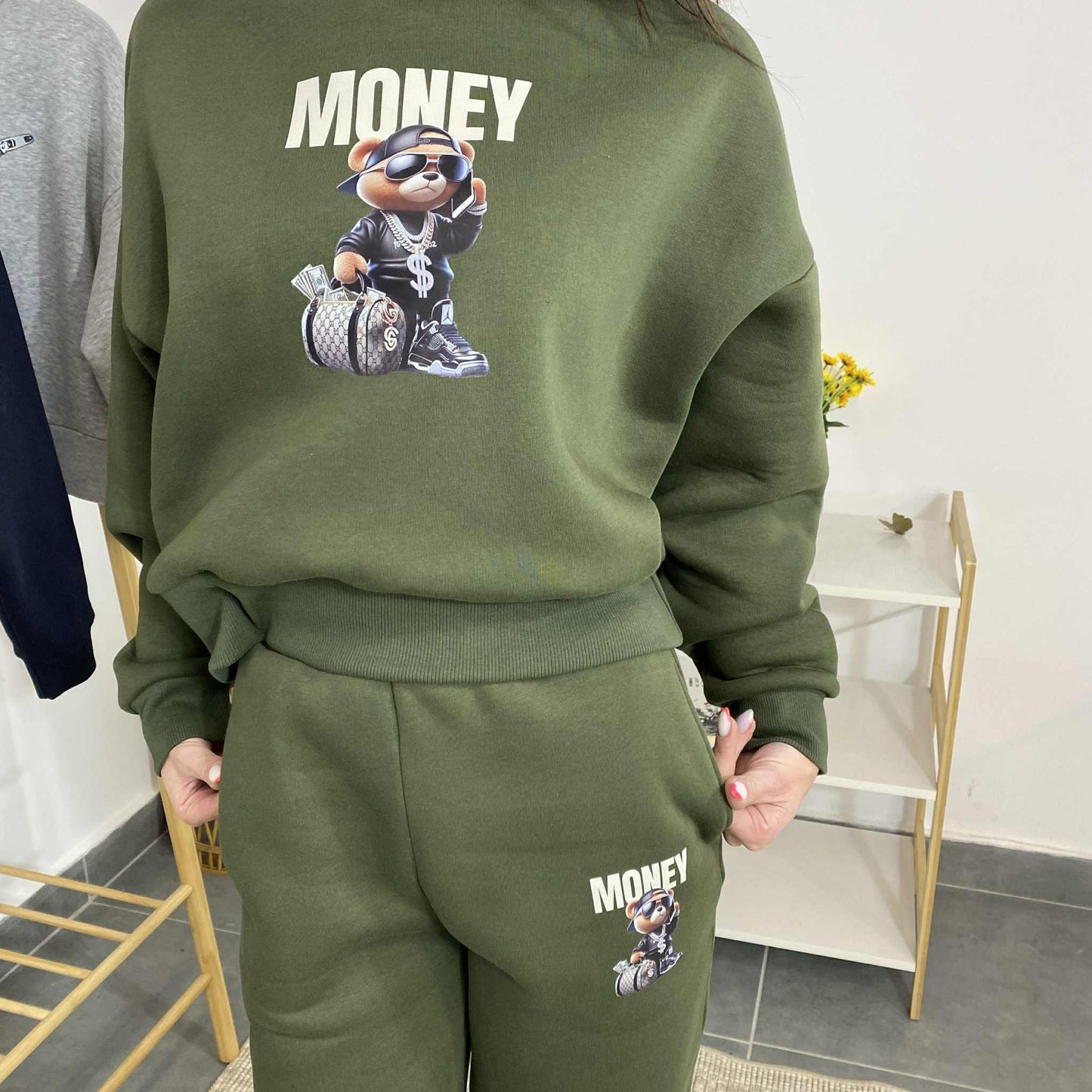 Ватиран комплект ТЕДИ от две части с принт мече Зелено