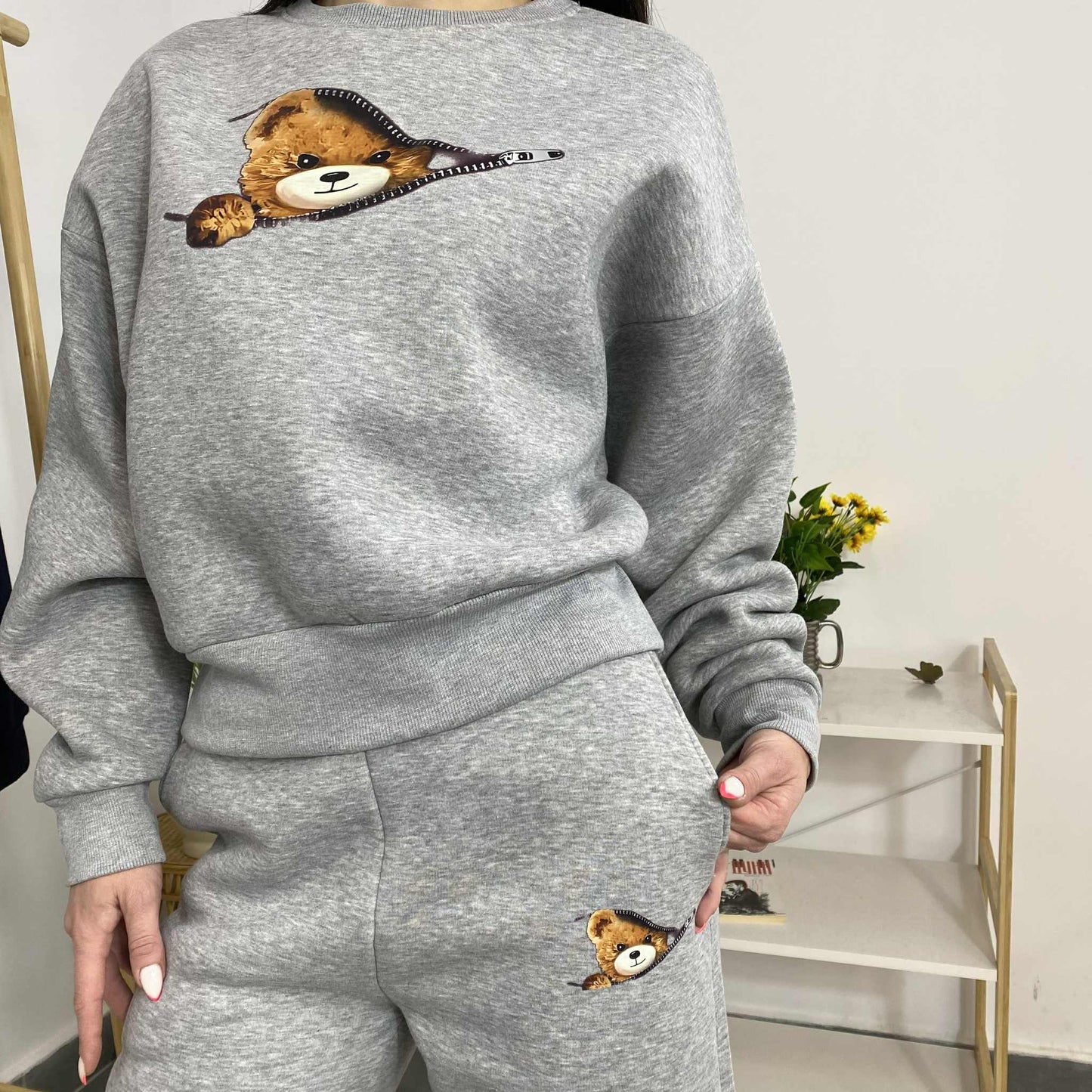 Ватиран комплект ТЕДИ от две части с принт мече Сиво