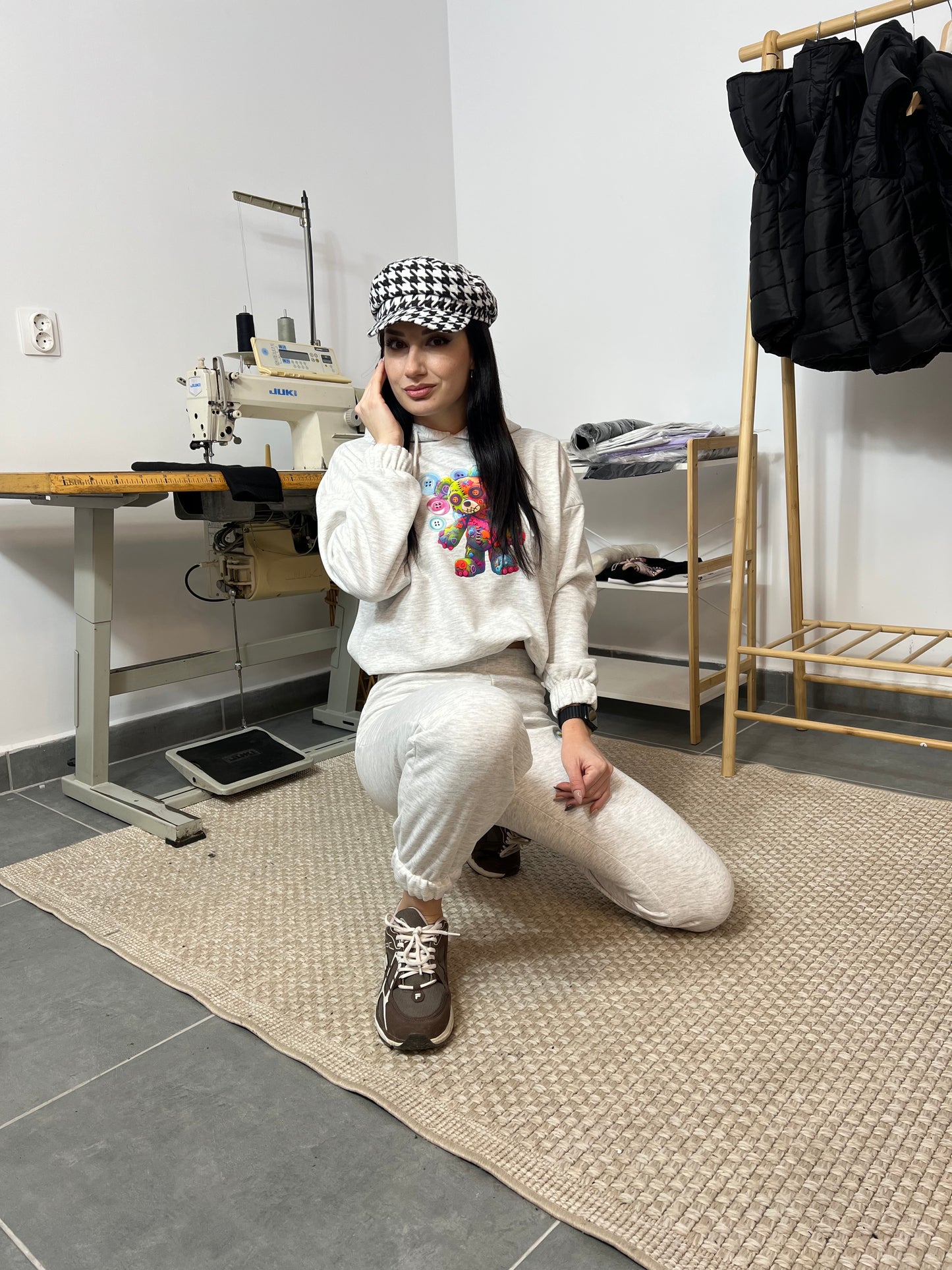 Ватиран комплект BUTTONS от две части с качулка - сив меланж