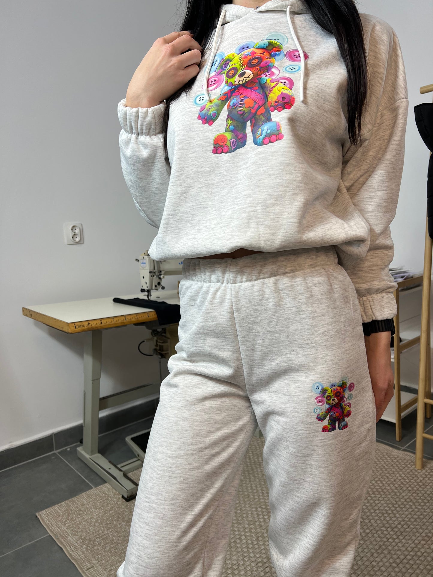 Ватиран комплект BUTTONS от две части с качулка - сив меланж