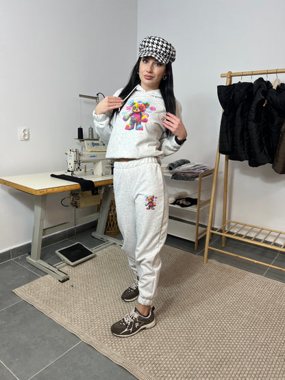 Ватиран комплект BUTTONS от две части с качулка - сив меланж