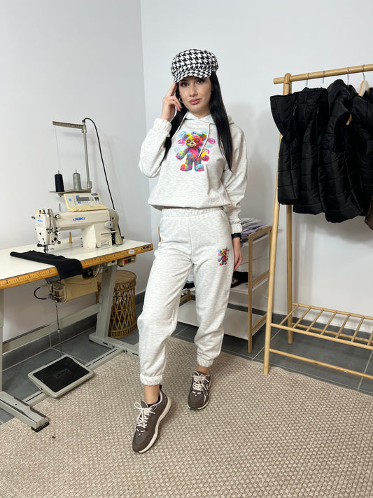 Ватиран комплект BUTTONS от две части с качулка - сив меланж