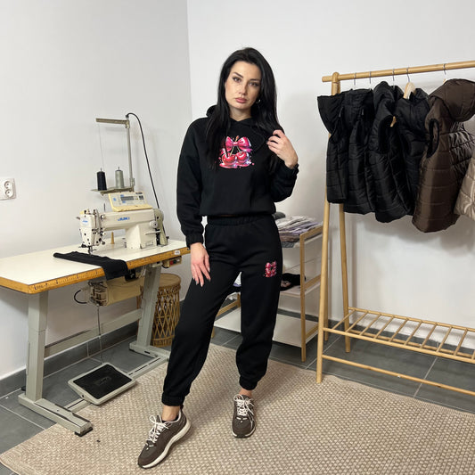 Ватиран комплект SWEET CHERRY от две части с качулка - черен