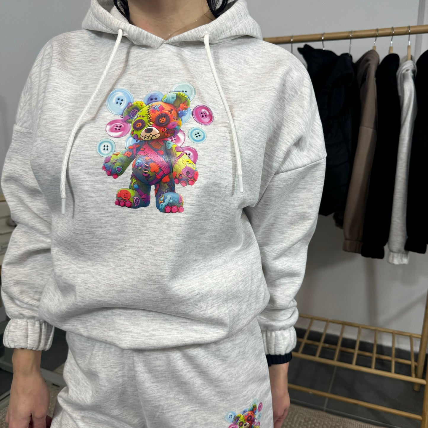 Ватиран комплект BUTTONS от две части с качулка - сив меланж