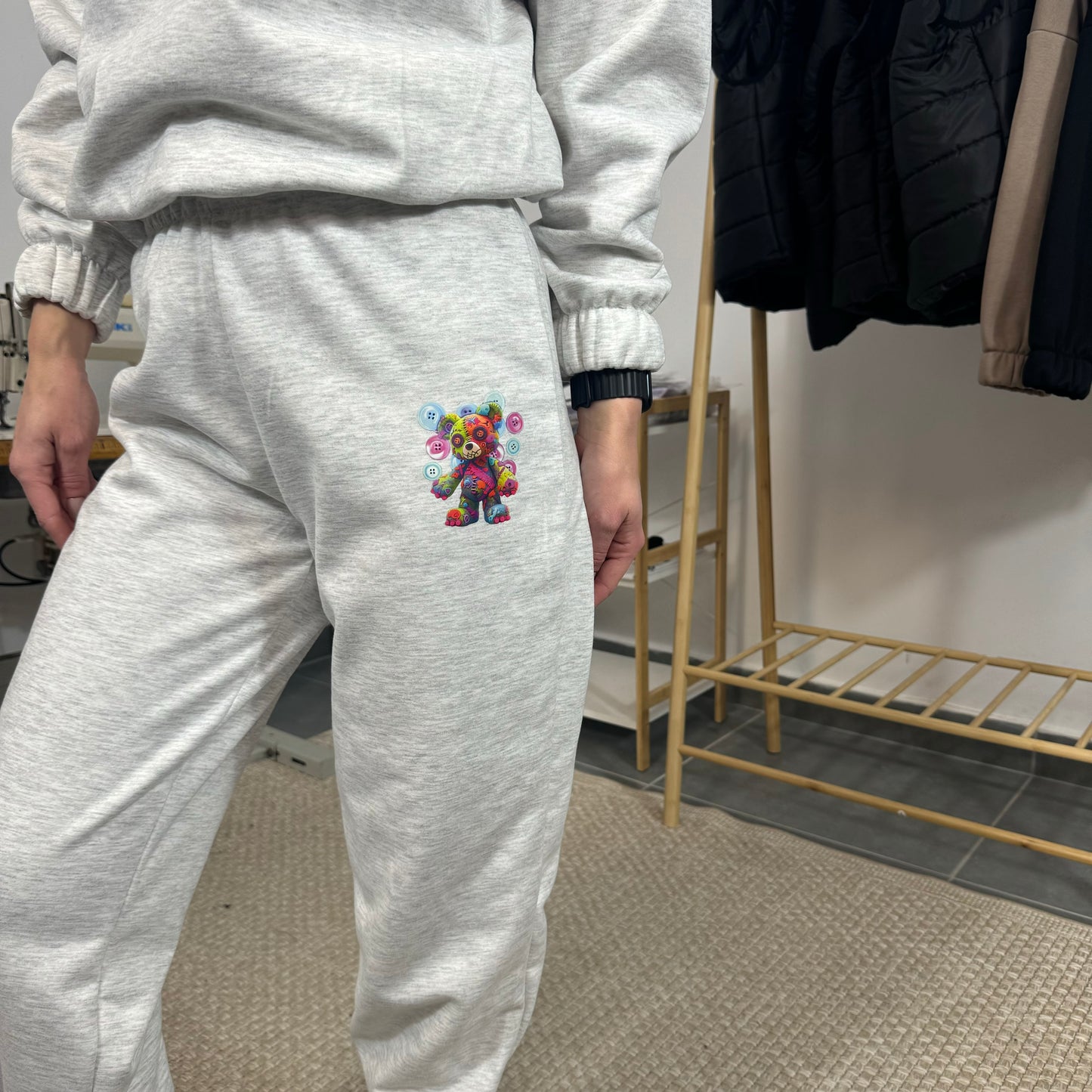 Ватиран комплект BUTTONS от две части с качулка - сив меланж