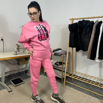 Ватиран комплект SHE от две части с принт - розов