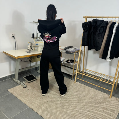 Ватиран комплект  QUEEN от две части с качулка - черен