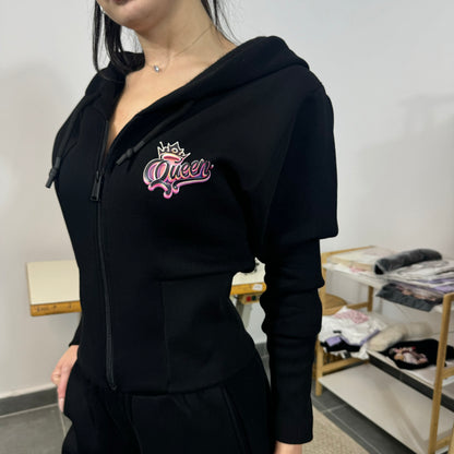 Ватиран комплект  QUEEN от две части с качулка - черен