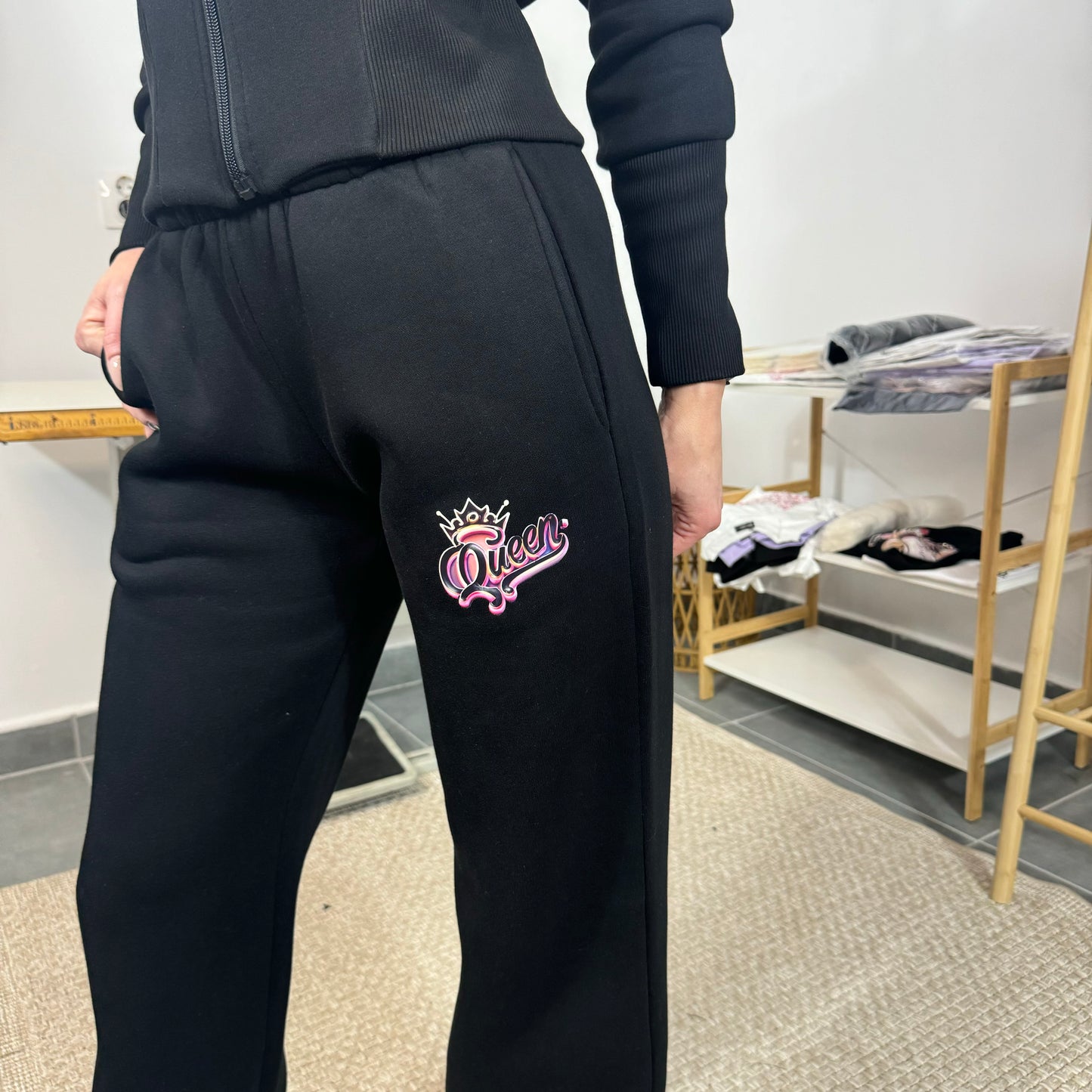 Ватиран комплект  QUEEN от две части с качулка - черен