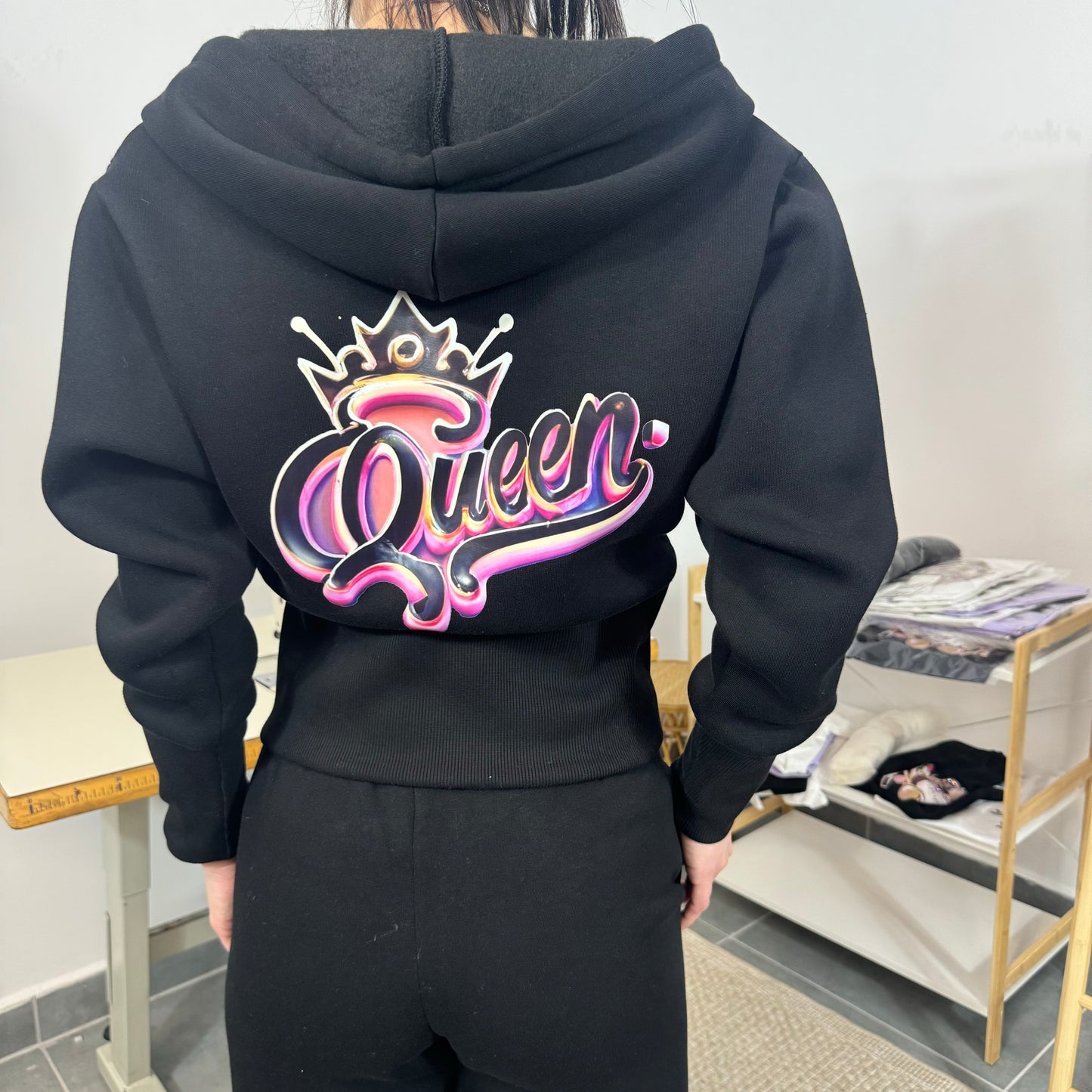 Ватиран комплект  QUEEN от две части с качулка - черен