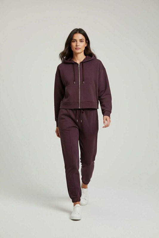 Дамски спортен екип с цип и качулка Мона бордо