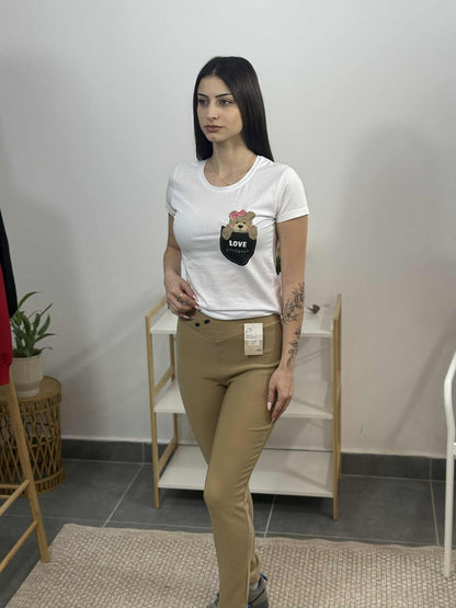 Дамски панталон с висока талия и камъчета бежов DM24