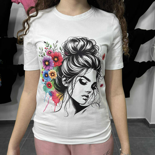 Дамска тениска цветя и кок