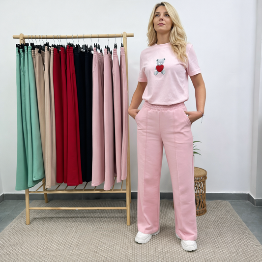 Спортно елегантен панталон Камелия с широк крачол розов