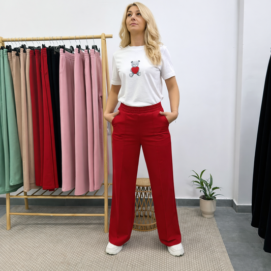 Спортно елегантен панталон Камелия с широк крачол червен
