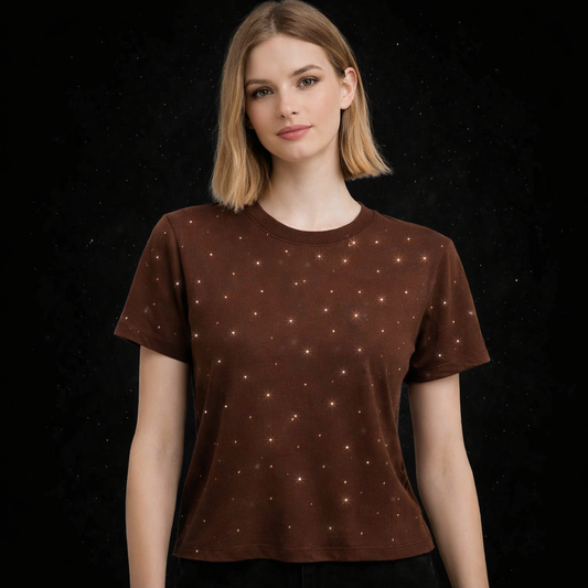 Блестяща модерна тениска с декоративни камъни УНИКАЛНА кафява