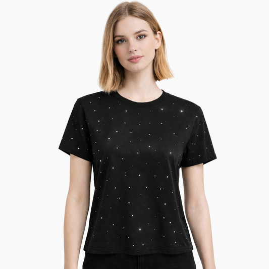 Блестяща модерна тениска с декоративни камъни УНИКАЛНА черна